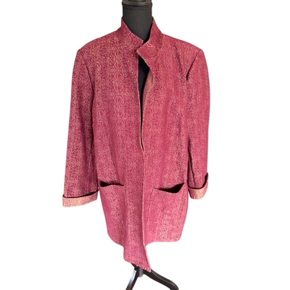 Chico's Jacquard Metallic Brocade Jacket Open Front Burgundy Gold Lurex Size 3 - Picture 2 of 7